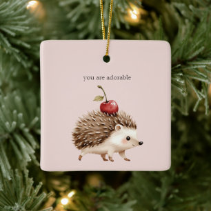 Blush Pink Red Cherry Adorable Hedgehog Ceramic Ornament