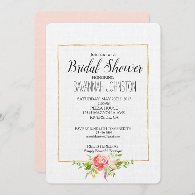 Blush Pink Red Floral Bridal Shower Invitation (Front/Back)