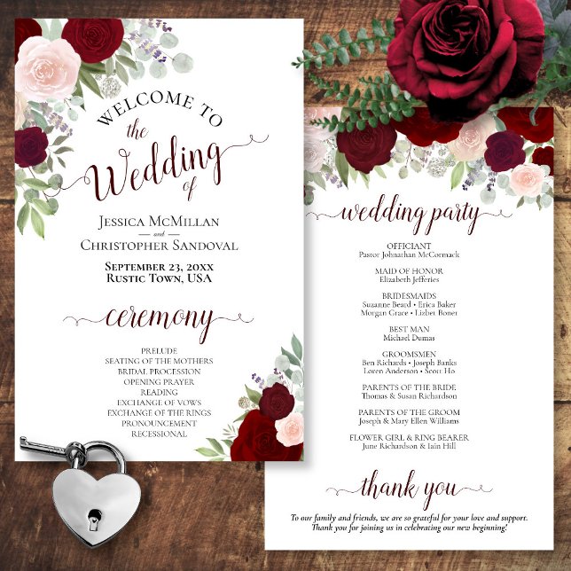 Blush Pink & Red Floral Budget Wedding Program (In Situ Front and Back)