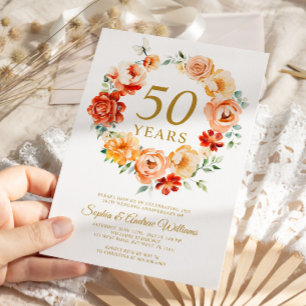 Blush Pink & Red Flowers 50th Anniversary Invitation