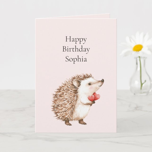 Blush Pink Red Hearts Hedgehog Birthday Card (Small Plant)