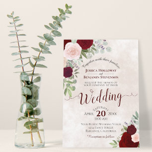 Blush Pink & Red Roses Elegant Boho Wedding Invitation
