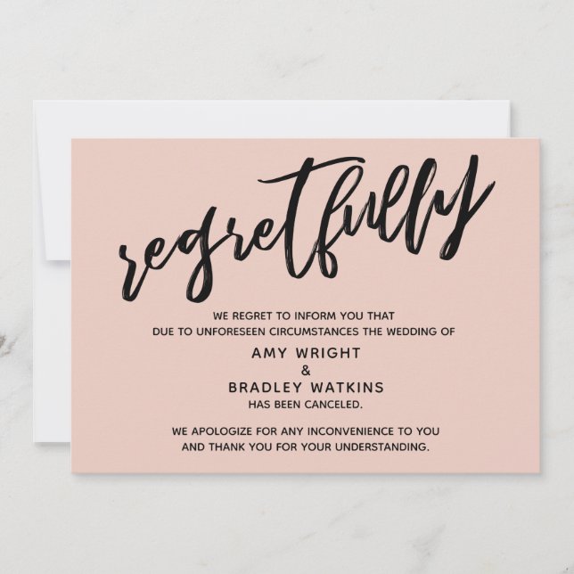 Blush Pink Regretfully Wedding Cancellation Card (Front)
