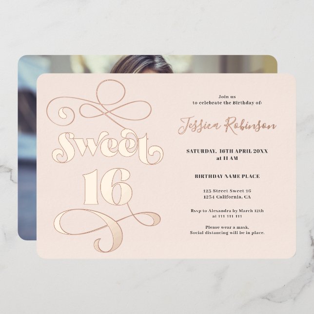 Blush pink retro script photo Sweet 16 rose gold (Front/Back)
