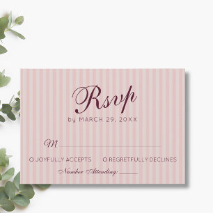 Blush Pink Retro Stripes Burgundy Wine Wedding RSVP Card