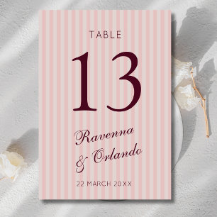 Blush Pink Retro Stripes Burgundy Wine Wedding Table Number