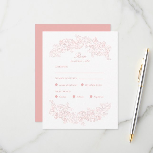 Blush Pink Rococo Meal Choice RSVP Card (Front/Back In Situ)