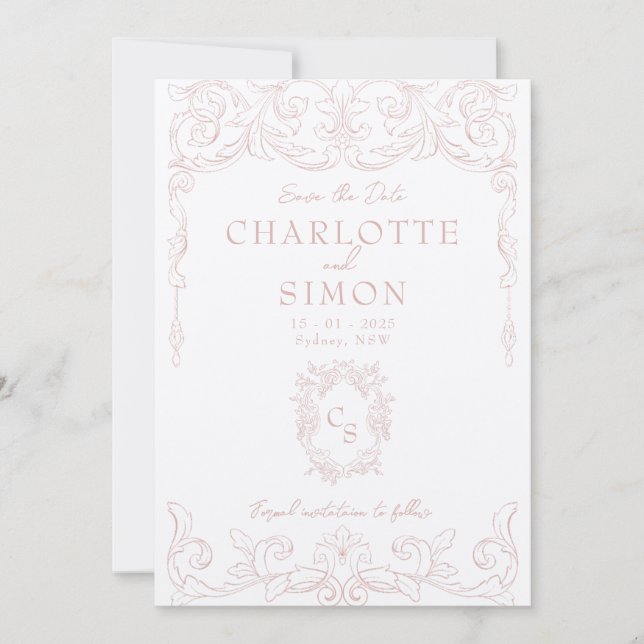 Blush Pink Rococo Save the Date Card (Front)