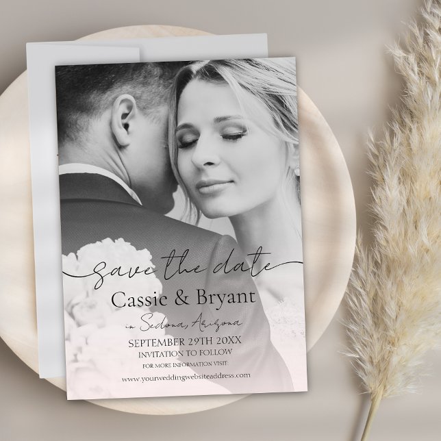 Blush Pink Romantic Chic Full Photo Save the Date (Blush Pink Modern Minimalist Save the Date Wedding Invitation with Calligraphy Script)