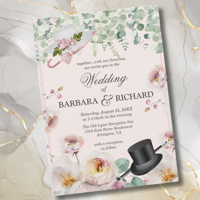 Blush Pink Romantic Floral Top Hat Wedding Invitation (Creator Uploaded)