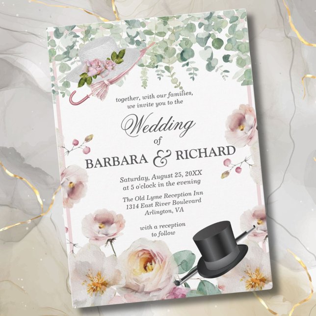 Blush Pink Romantic Floral Top Hat Wedding Invitation (Creator Uploaded)