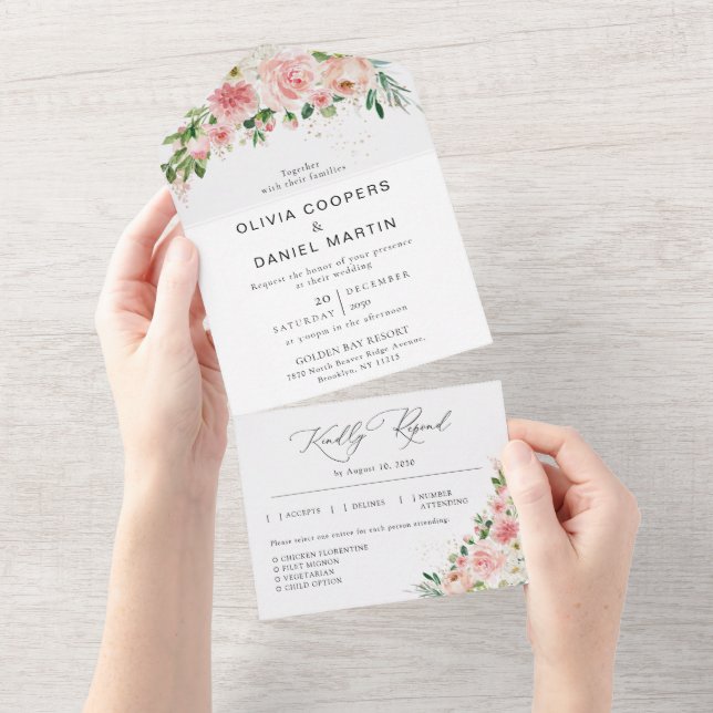 Blush Pink Rose All in One Wedding Invitation (Tearaway)