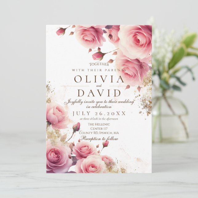Blush Pink Rose and Gold Elegant Flower Wedding Invitation (Standing Front)