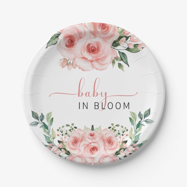 Blush Pink Rose Baby in Bloom Shower Diaper Raffle Paper Plate (Front)