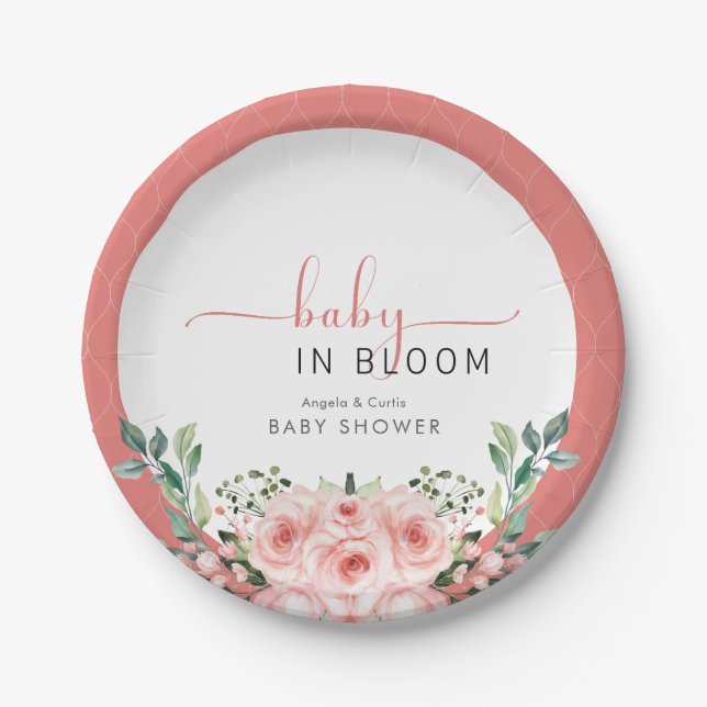 Blush Pink Rose Baby in Bloom Shower Diaper Raffle Paper Plate (Front)