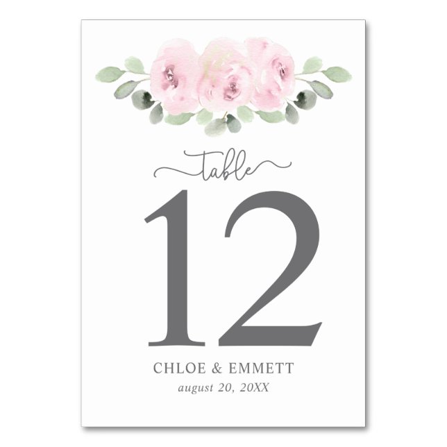 Blush Pink Rose Botanical Table Number (Front)