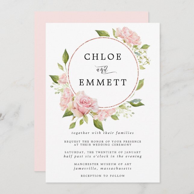 Blush Pink Rose Botanical Wreath Wedding Invitation (Front/Back)