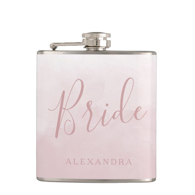 Blush Pink Rose Bride Wedding Favour Name Gift Hip Flask (Front)
