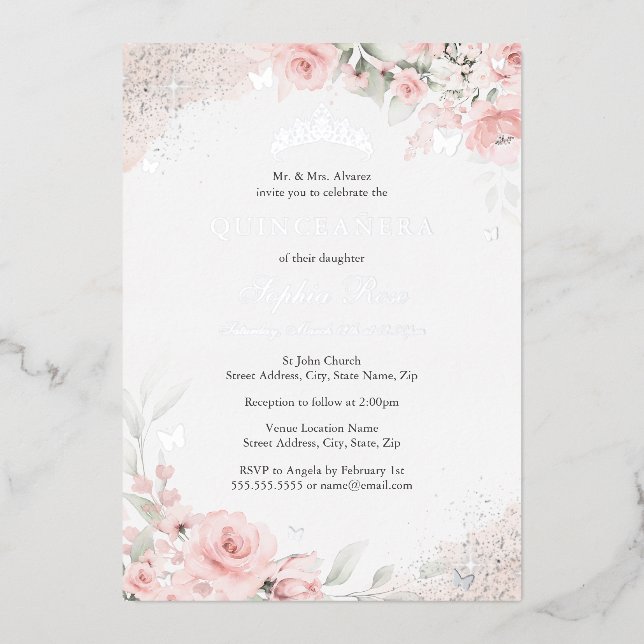 Blush Pink Rose Butterfly Silver Quinceanera (Front)