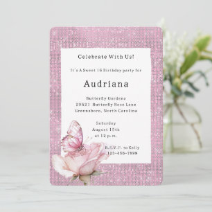 Blush Pink Rose Butterfly Sparkle Birthday Invitation