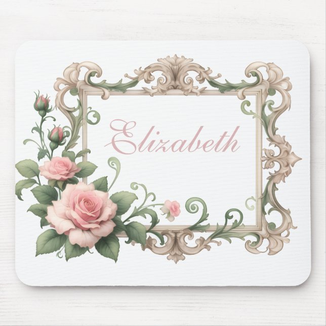Blush Pink Rose Custom Name Mouse Pad (Front)