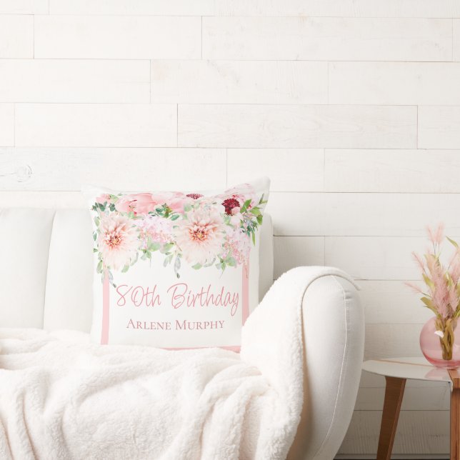 Blush Pink Rose Dahlia 80th Birthday Square Cushion (Couch)