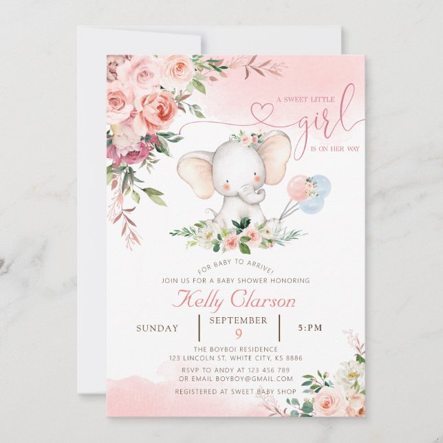 Blush Pink Rose Elephant Baby Shower Invitation (Front)