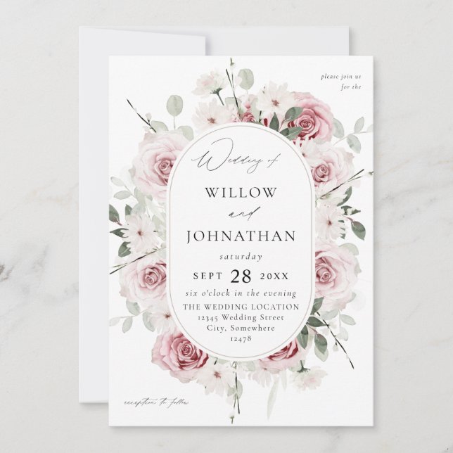 Blush Pink Rose & Eucalylptus Floral Wedding Invitation (Front)