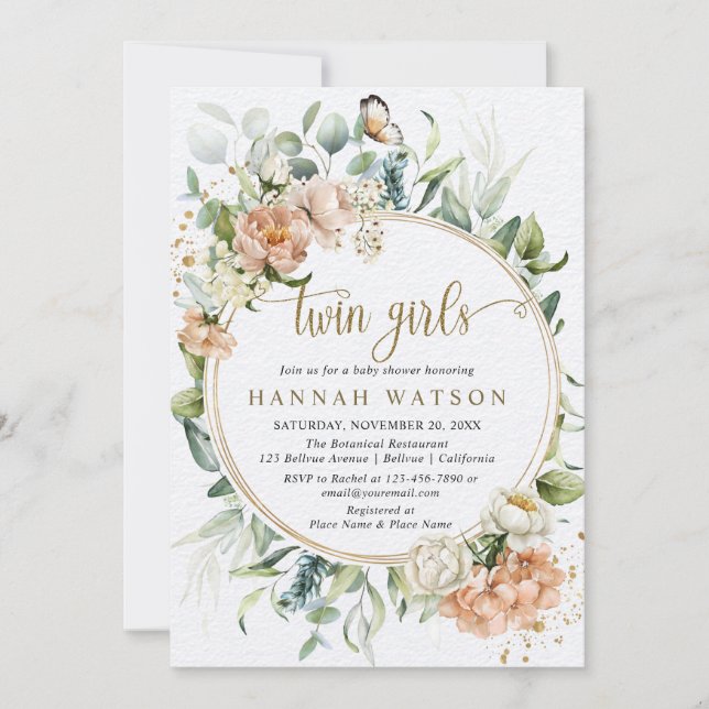 Blush Pink Rose Eucalyptus Twin Girls Baby Shower Invitation (Front)