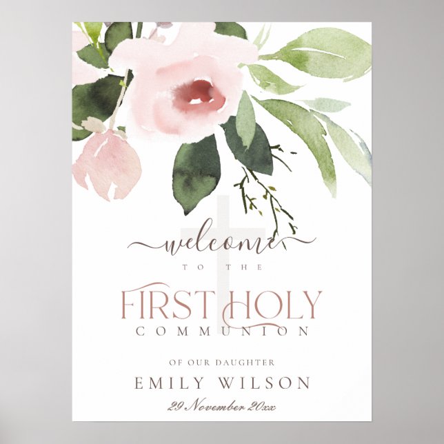 BLUSH PINK ROSE FLORA FIRST HOLY COMMUNION WELCOME POSTER (Front)