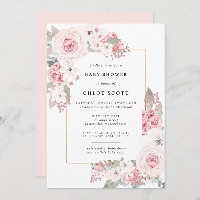 Blush Pink Rose Floral Baby Shower Invitation (Front/Back)