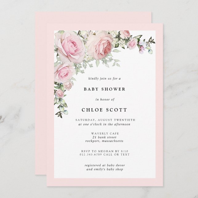 Blush Pink Rose Floral Baby Shower Invitation (Front/Back)