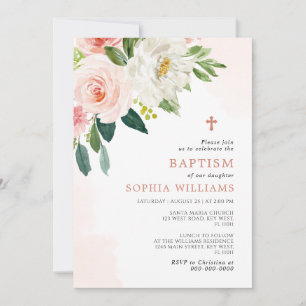 Blush Pink Rose Floral Baptism Invitation