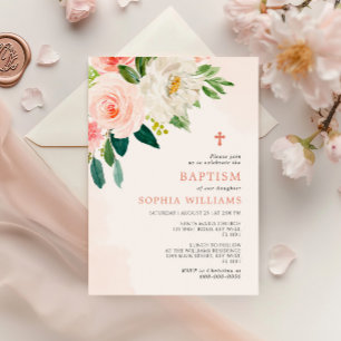 Blush Pink Rose Floral Baptism Invitation