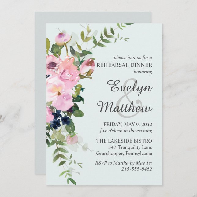 Blush Pink Rose Floral Bouquet Blue Rehearsal Invitation (Front/Back)