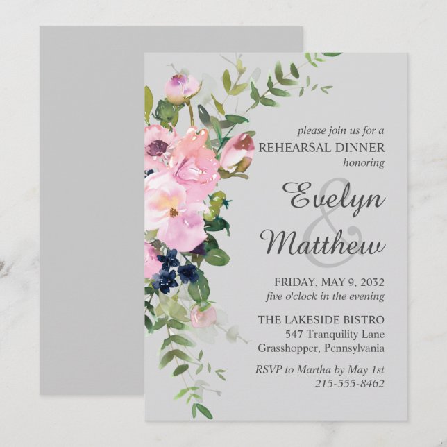 Blush Pink Rose Floral Bouquet Grey Rehearsal Invitation (Front/Back)