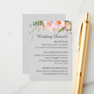 Blush Pink Rose Floral Bouquet on Grey Wedding Enclosure Card