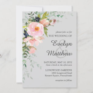 Blush Pink Rose Floral Bouquet on Grey Wedding Invitation