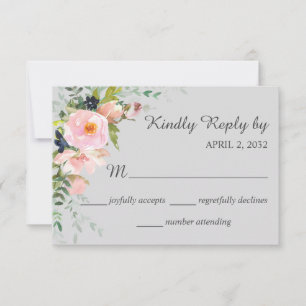  Blush Pink Rose Floral Bouquet on Grey Wedding RSVP Card