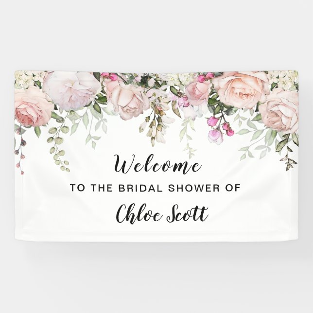 Blush Pink Rose Floral Bridal Shower Welcome Banner (Horizontal)