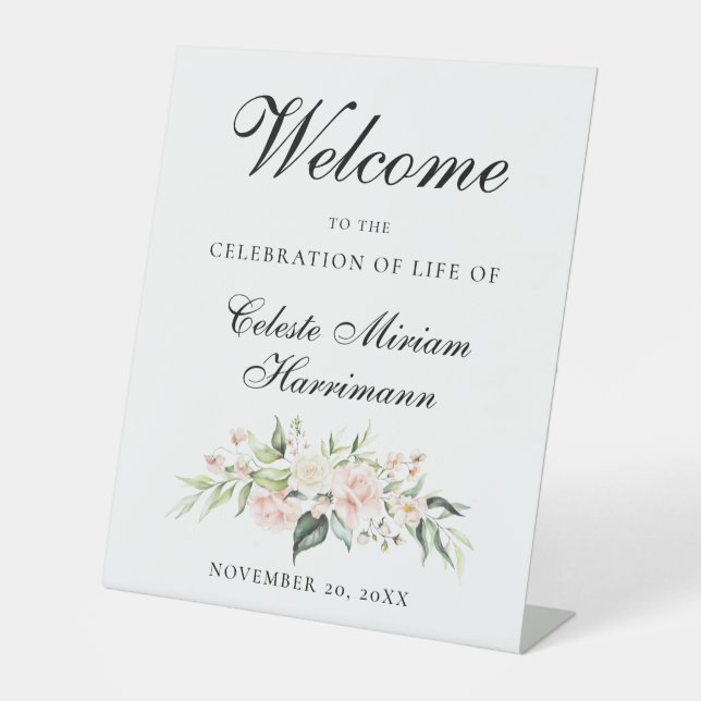 Blush Pink Rose Floral Celebration of Life Pedestal Sign (Front)