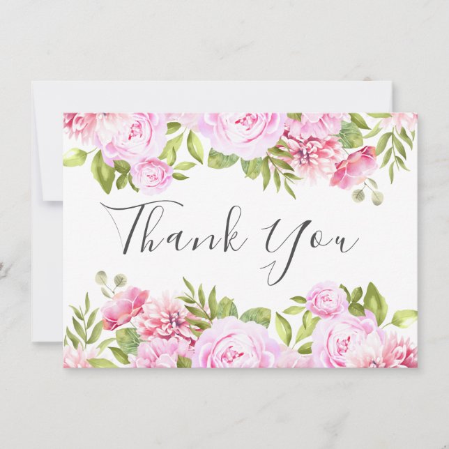 Blush Pink Rose Floral Chic Elegant Script Thank You Card (Front)