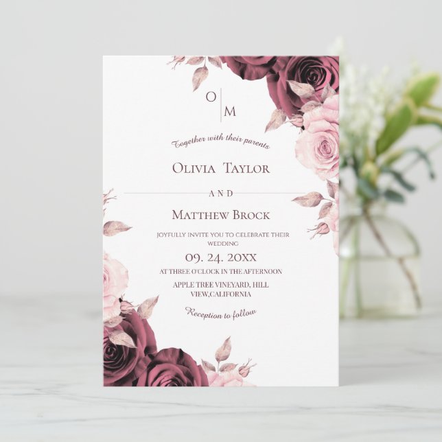 Blush Pink Rose Floral Classic Wedding  Invitation (Standing Front)