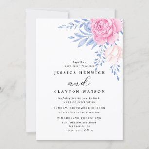 Blush Pink Rose Floral Dusty Blue Leaves Wedding Invitation