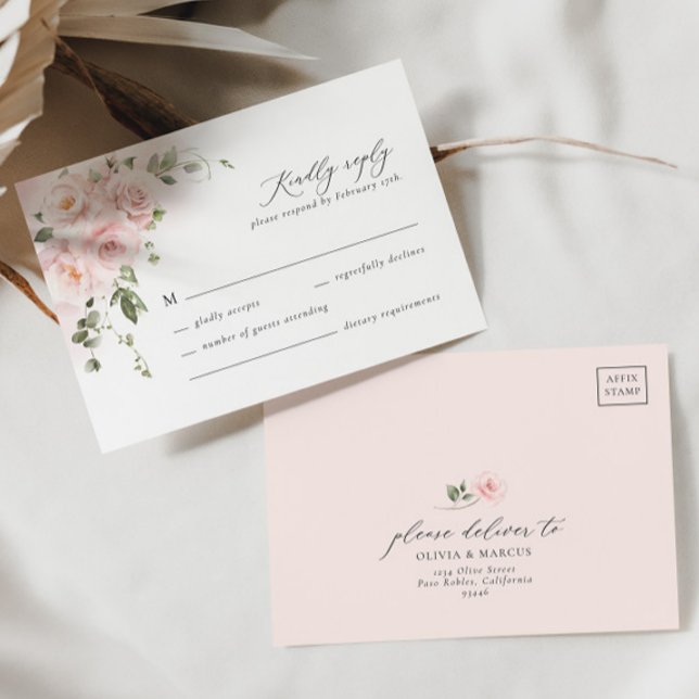 Blush Pink Rose Floral Elegant Wedding RSVP Card (RSVP Card Front/Back)