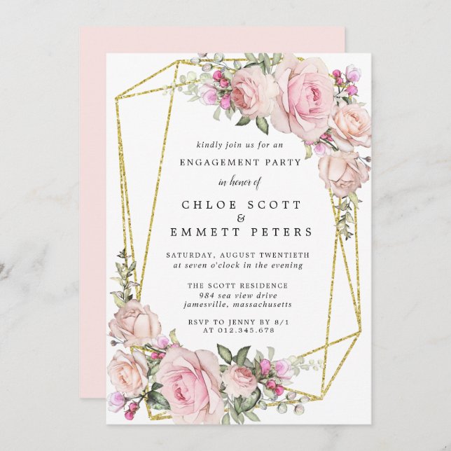 Blush Pink Rose Floral Engagement Party Invitation (Front/Back)