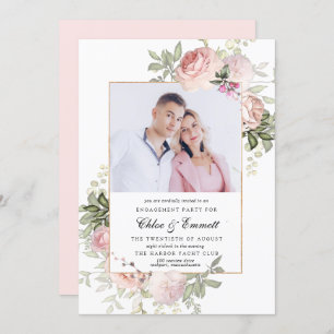Blush Pink Rose Floral Engagement Party Photo Invitation