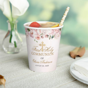 Blush Pink Rose Floral First Holy Communion Paper Cups