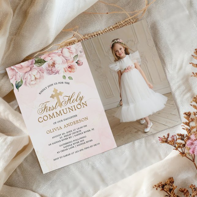 Blush Pink Rose Floral First Holy Communion Photo Invitation (Creator Uploaded)