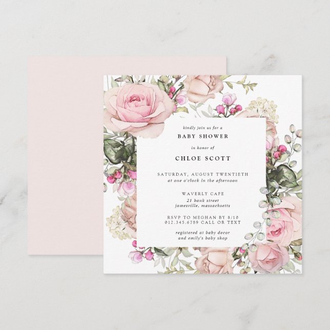 Blush Pink Rose Floral Girl Baby Shower Invitation (Front/Back)